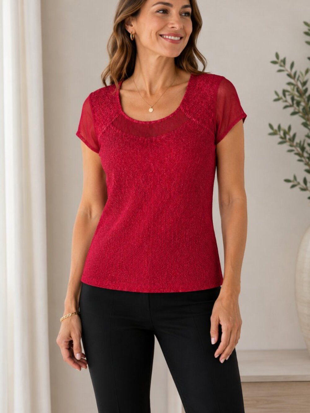 Ness Red Textured Stretch Top – XL